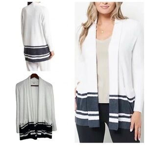 Barefoot Dreams Cozychic Lite Striped Hem SEA SALT/ INDIGO Cardigan Size Medium